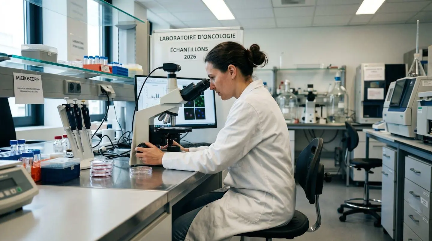 Chercheur en blouse blanche vu de profil examinant des échantillons au microscope dans un laboratoire moderne, concentration visible sur son travail