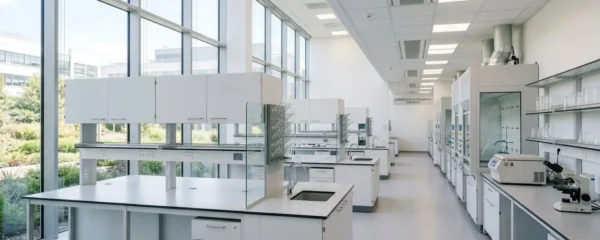 Laboratoire de recherche en oncologie moderne et lumineux avec équipements scientifiques en arrière-plan, espace de travail vide et épuré