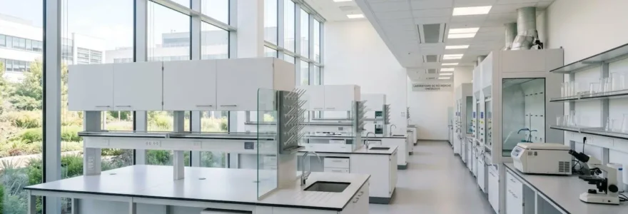 Laboratoire de recherche en oncologie moderne et lumineux avec équipements scientifiques en arrière-plan, espace de travail vide et épuré
