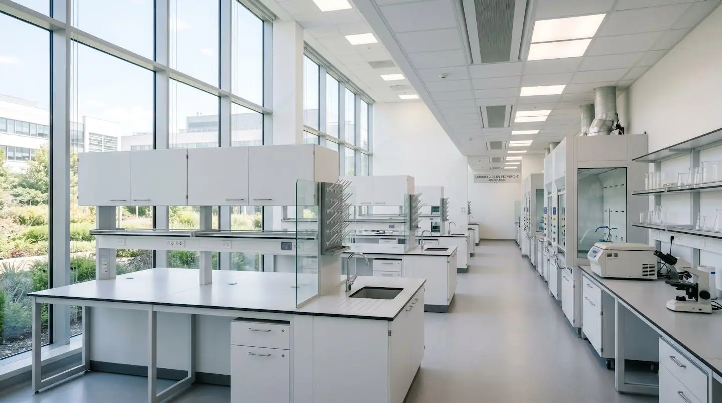 Laboratoire de recherche en oncologie moderne et lumineux avec équipements scientifiques en arrière-plan, espace de travail vide et épuré