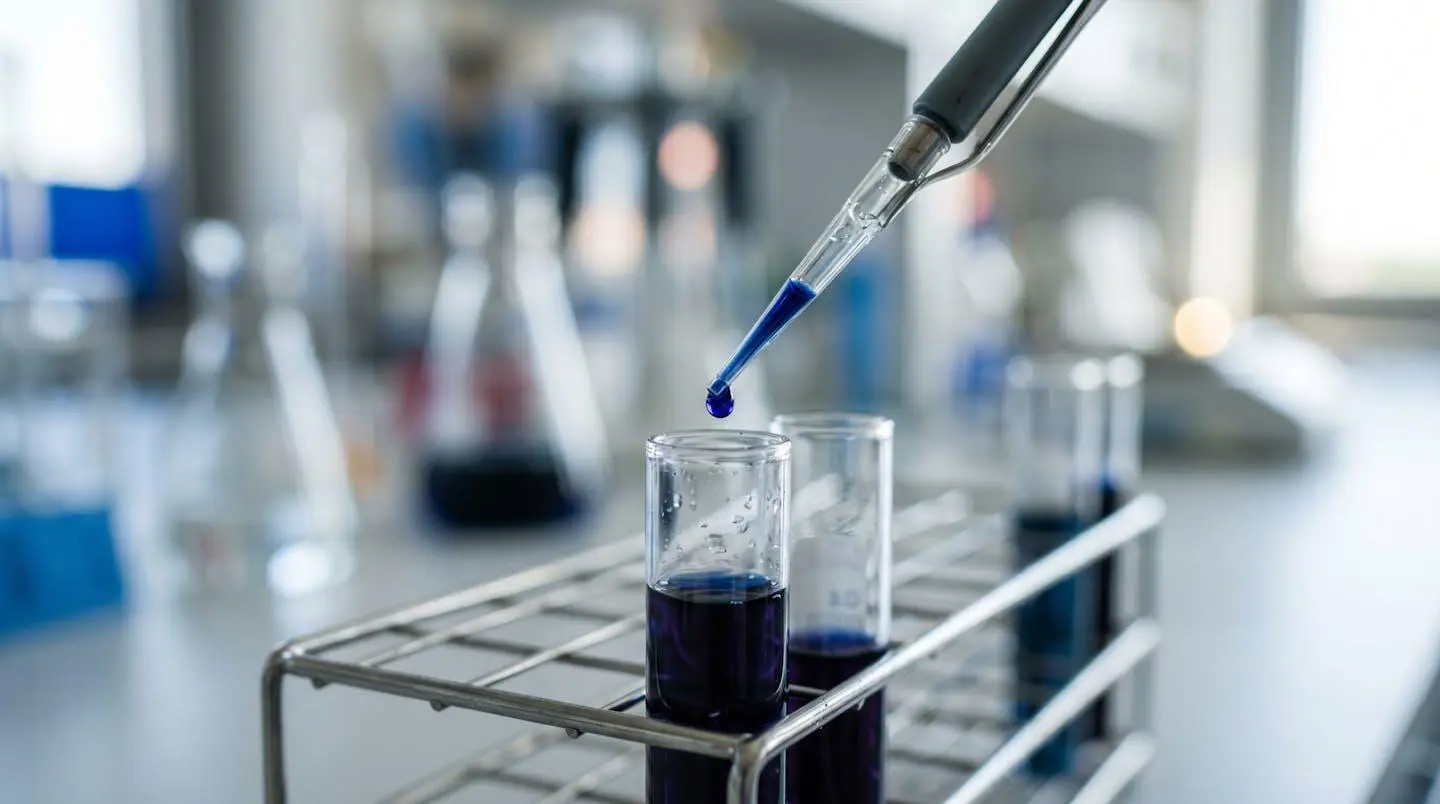 Gros plan sur des éprouvettes de laboratoire contenant des liquides colorés bleus et violets, surface moderne et propre avec équipements scientifiques en arrière-plan flou